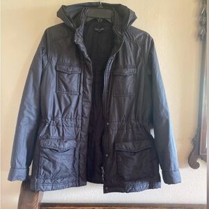 Eileen Fisher black anorak hooded waxed cotton field jacket